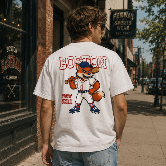 Boston Baseball Two-Sided T-Shirt, Retro Fox Mascot Graphic Tee for Baseball Fans