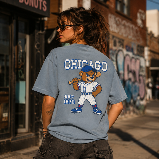 Chicago Baseball Two-Sided T-Shirt, Retro Bear Mascot Graphic Tee for Baseball Fans