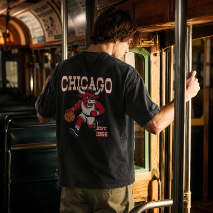 Chicago Basketball Bull Mascot Two-Sided T-Shirt, Retro Sports Graphic Tee for Basketball Fans