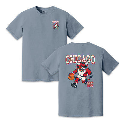 Chicago Basketball Bull Mascot Two-Sided T-Shirt, Retro Sports Graphic Tee for Basketball Fans
