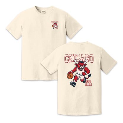 Chicago Basketball Bull Mascot Two-Sided T-Shirt, Retro Sports Graphic Tee for Basketball Fans