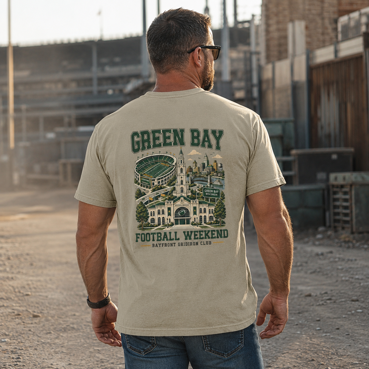 Green Bay Football Weekend Two-Sided Graphic T-Shirt, City Skyline Game Day Design