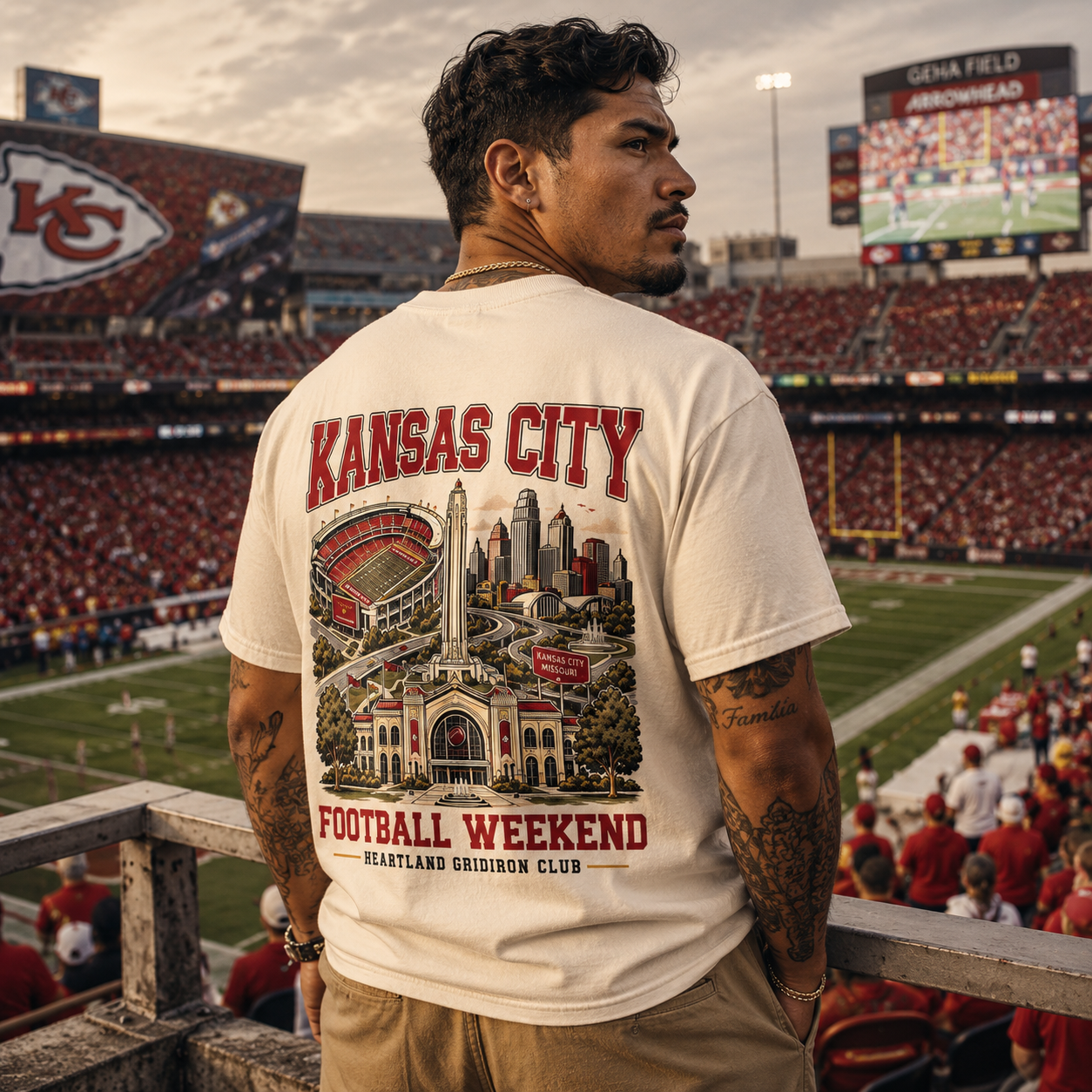 Kansas City Football Two-Sided Graphic T-Shirt – City Skyline Stadium Game Day Tee