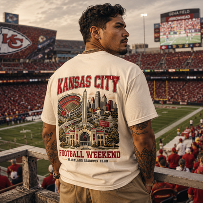 Kansas City Football Two-Sided Graphic T-Shirt – City Skyline Stadium Game Day Tee