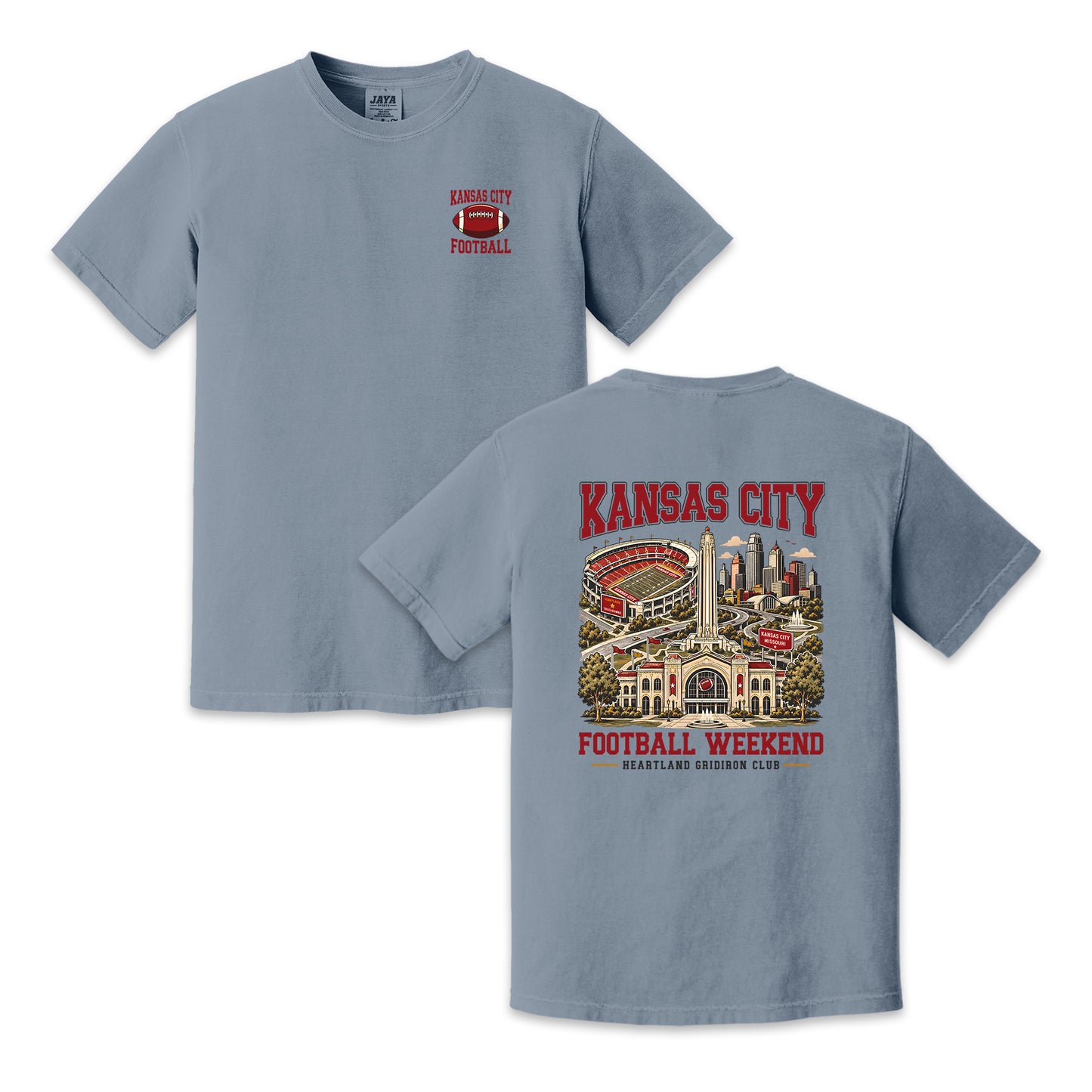 Kansas City Football Two-Sided Graphic T-Shirt – City Skyline Stadium Game Day Tee