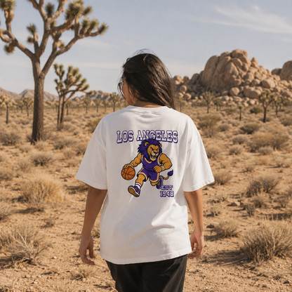 Los Angeles Basketball Lion Mascot Two-Sided T-Shirt, Retro Sports Graphic Tee for Basketball Fans