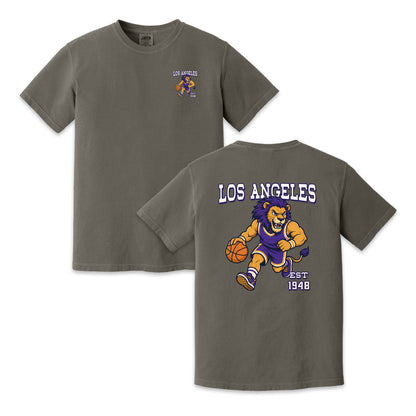Los Angeles Basketball Lion Mascot Two-Sided T-Shirt, Retro Sports Graphic Tee for Basketball Fans