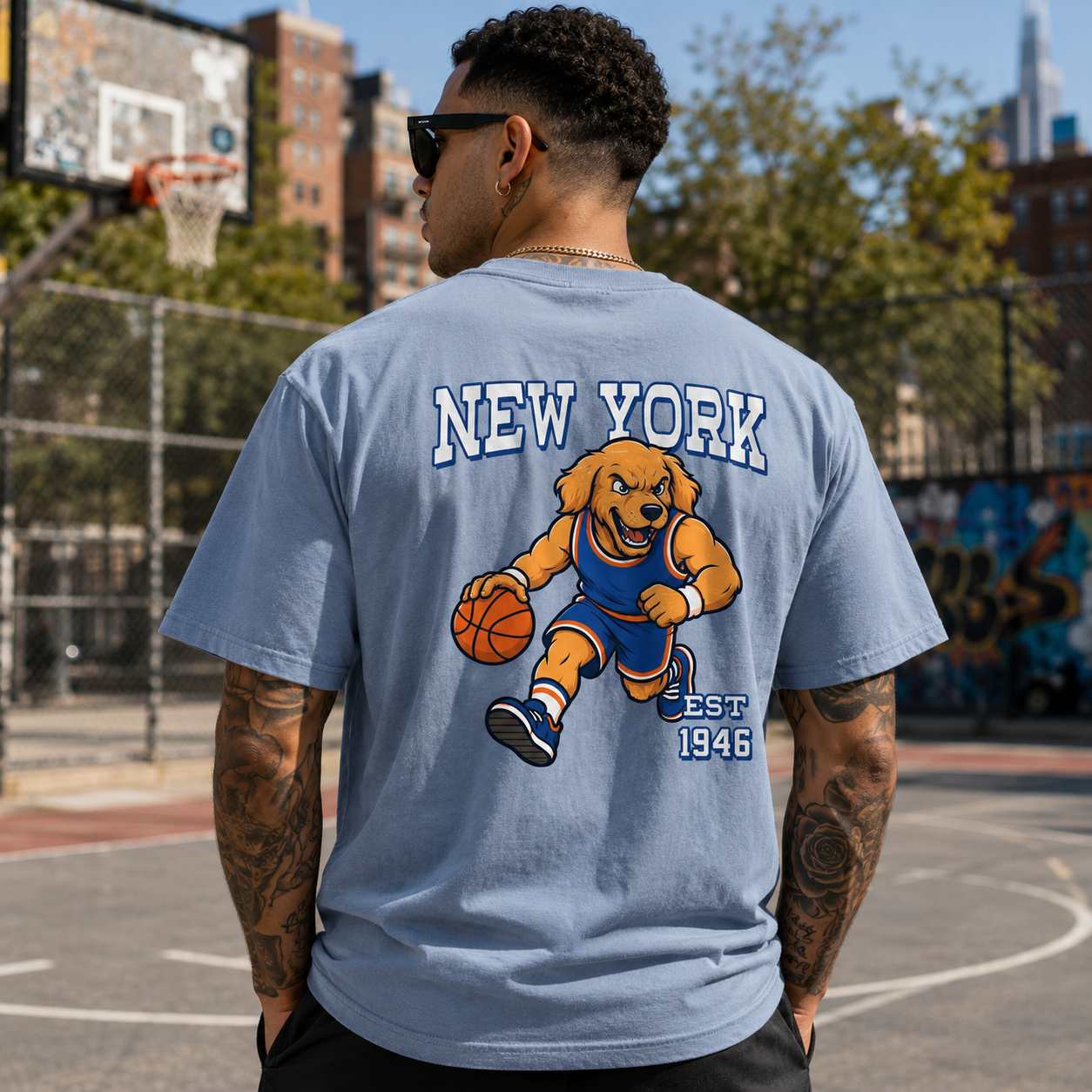 New York Basketball Golden Dog Mascot Two-Sided T-Shirt, Retro Sports Graphic Tee for Basketball Fans