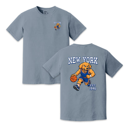 New York Basketball Golden Dog Mascot Two-Sided T-Shirt, Retro Sports Graphic Tee for Basketball Fans