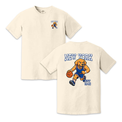 New York Basketball Golden Dog Mascot Two-Sided T-Shirt, Retro Sports Graphic Tee for Basketball Fans