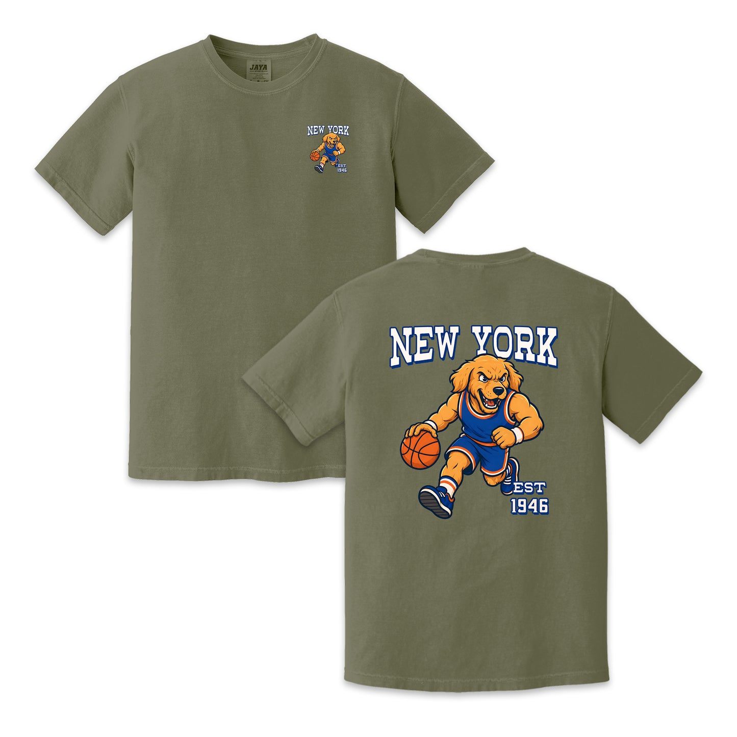 New York Basketball Golden Dog Mascot Two-Sided T-Shirt, Retro Sports Graphic Tee for Basketball Fans