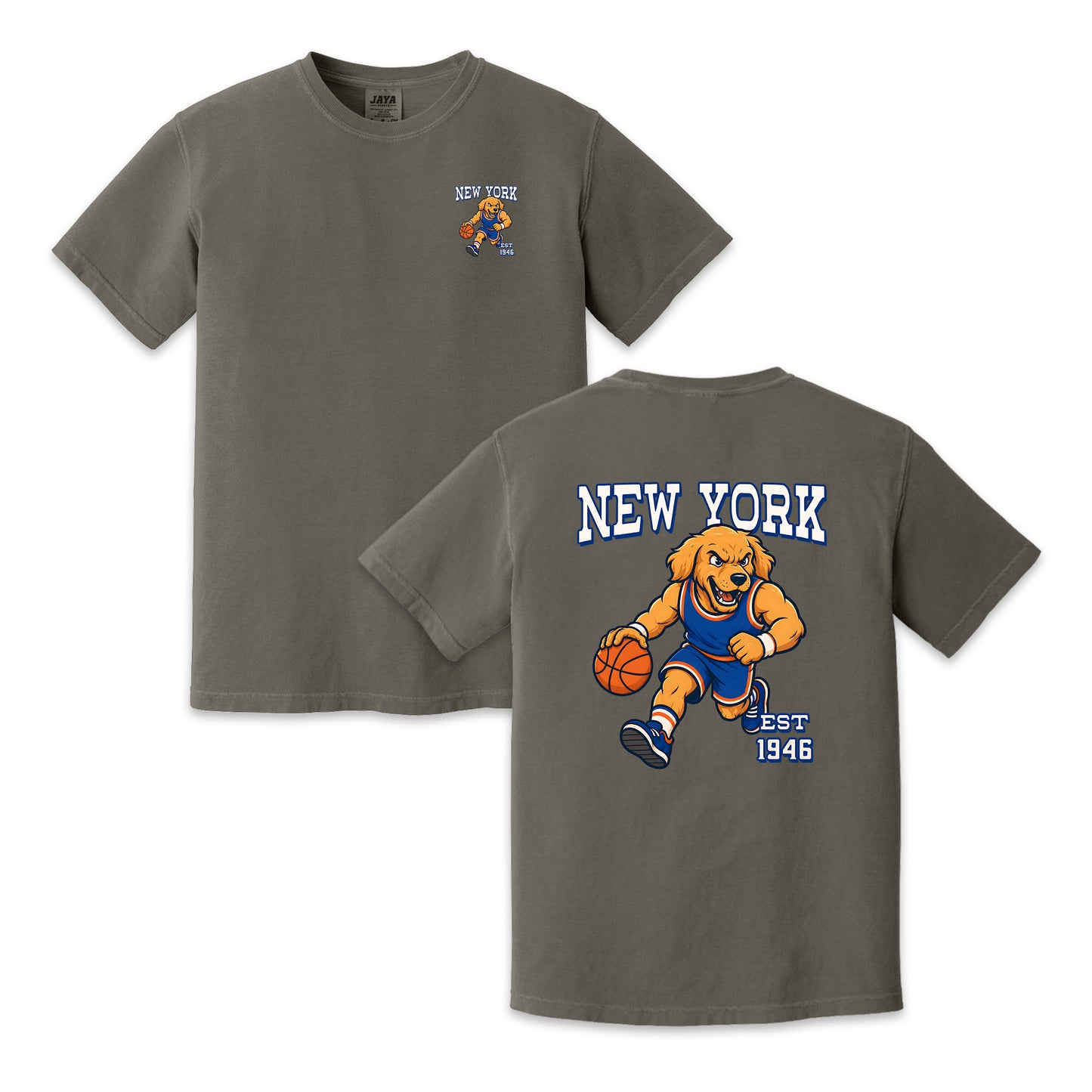 New York Basketball Golden Dog Mascot Two-Sided T-Shirt, Retro Sports Graphic Tee for Basketball Fans