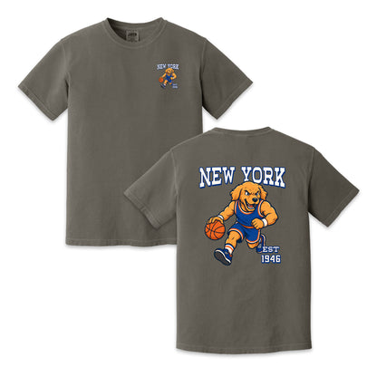 New York Basketball Golden Dog Mascot Two-Sided T-Shirt, Retro Sports Graphic Tee for Basketball Fans