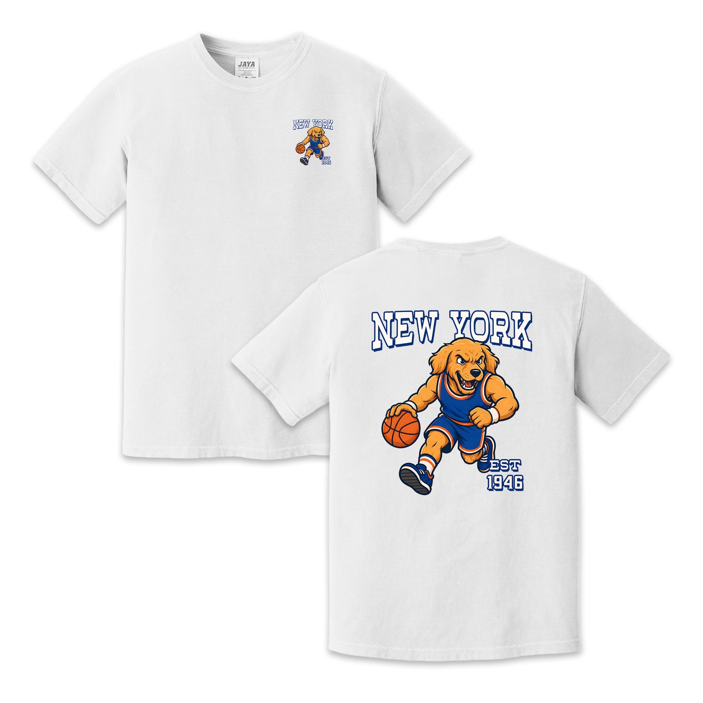New York Basketball Golden Dog Mascot Two-Sided T-Shirt, Retro Sports Graphic Tee for Basketball Fans