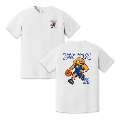 New York Basketball Golden Dog Mascot Two-Sided T-Shirt, Retro Sports Graphic Tee for Basketball Fans