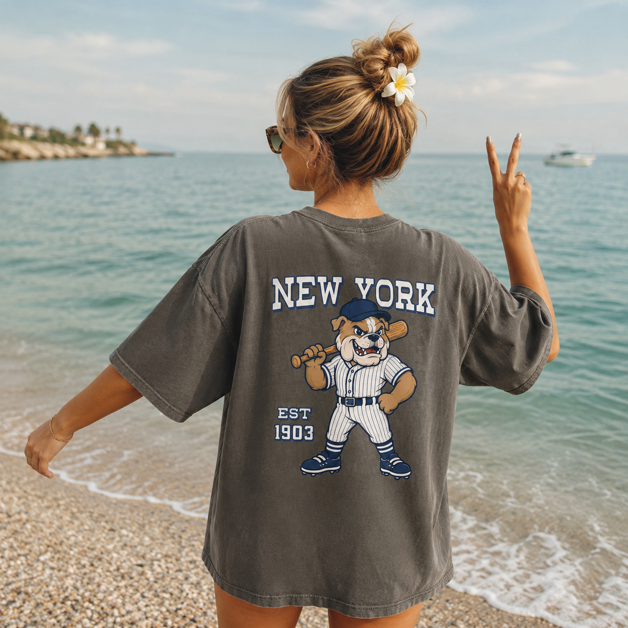 New York Baseball Two-Sided T-Shirt, Retro Bulldog Mascot Graphic Tee for Baseball Fans