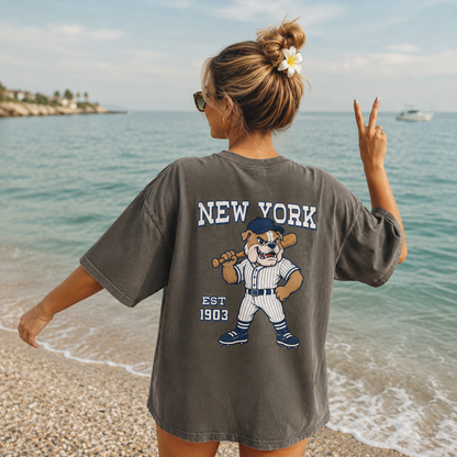 New York Baseball Two-Sided T-Shirt, Retro Bulldog Mascot Graphic Tee for Baseball Fans