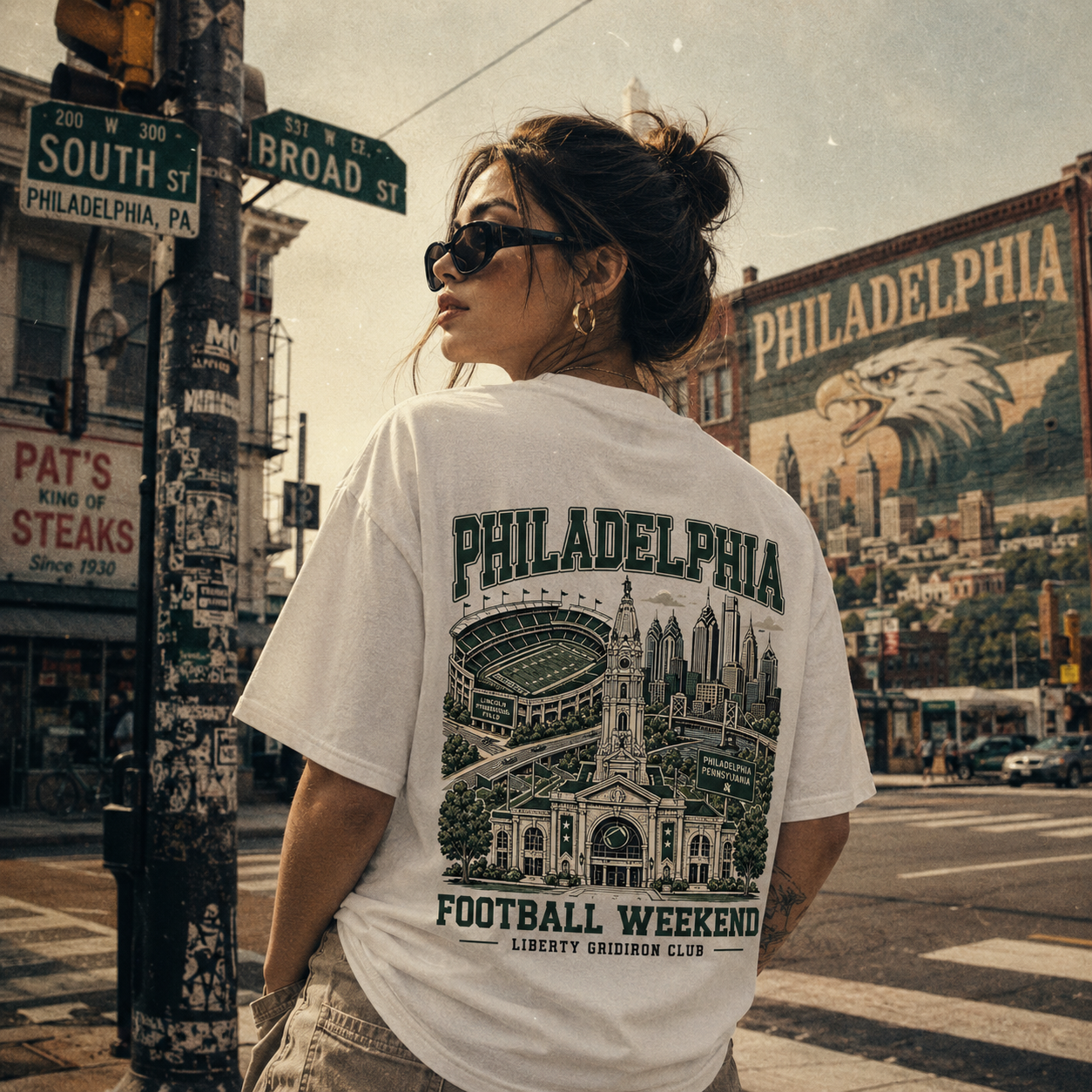 Philadelphia Football T-Shirt, Two-Sided City Skyline Graphic, Front and Back Football Weekend Design