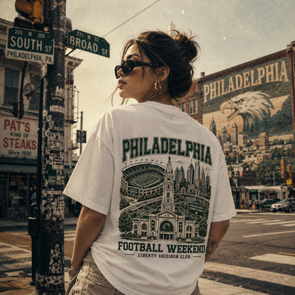 Philadelphia Football T-Shirt, Two-Sided City Skyline Graphic, Front and Back Football Weekend Design