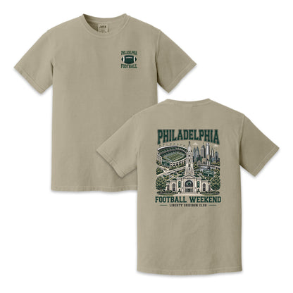 Philadelphia Football T-Shirt, Two-Sided City Skyline Graphic, Front and Back Football Weekend Design