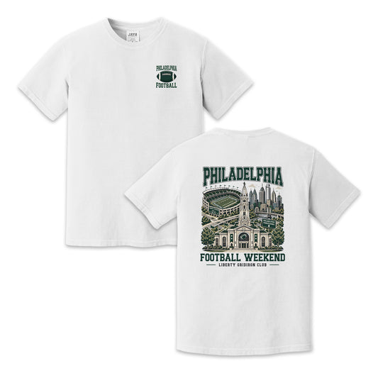 Philadelphia Football T-Shirt, Two-Sided City Skyline Graphic, Front and Back Football Weekend Design